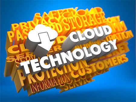 simsearch:400-05877439,k - Cloud Technology - White Color Text on Yellow WordCloud on Blue Background. Stockbilder - Microstock & Abonnement, Bildnummer: 400-07296244