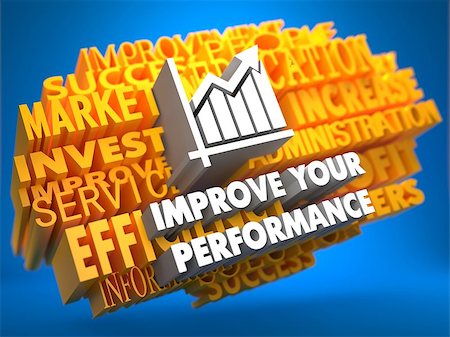 simsearch:400-07338798,k - Improve Your Performance with Growth Chart - White Color Text on Yellow WordCloud on Blue Background. Fotografie stock - Microstock e Abbonamento, Codice: 400-07296246