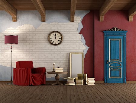 simsearch:400-07427675,k - Old interior with armchair,retro objects and blue closed door - rendering Stock Photo - Budget Royalty-Free & Subscription, Code: 400-07296479