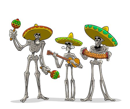 rassel - Danse Macabre. Three mexican skeletons with instruments play musics. Stockbilder - Microstock & Abonnement, Bildnummer: 400-07296585