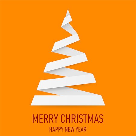 pine tree one not snow not people - White paper Christmas tree in origami style on orange background. Greeting card. Stock Photo - Budget Royalty-Free & Subscription, Code: 400-07296587