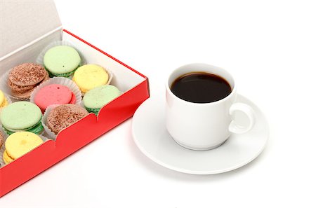 simsearch:400-06462101,k - Colorful Macaroon and cup of coffee on white background Stock Photo - Budget Royalty-Free & Subscription, Code: 400-07296817