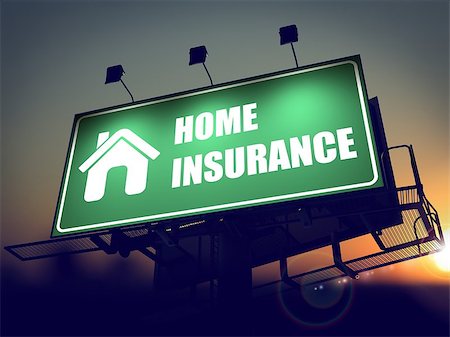 simsearch:400-08286893,k - Home Insurance with Home Icon - Green Billboard on the Rising Sun Background. Photographie de stock - Aubaine LD & Abonnement, Code: 400-07297718