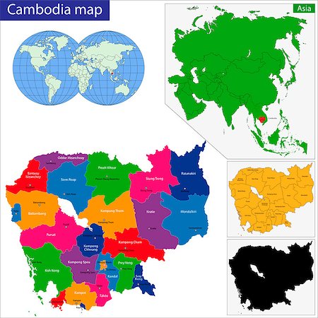 simsearch:400-07297774,k - Map of Kingdom of Cambodia with the provinces colored in bright colors Stock Photo - Budget Royalty-Free & Subscription, Code: 400-07297768