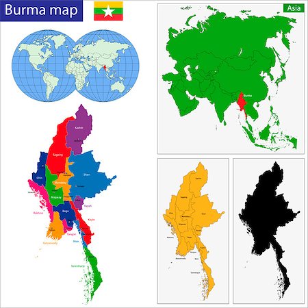simsearch:400-08049471,k - Map of Union of Myanmar (Burma) with the provinces colored in bright colors Fotografie stock - Microstock e Abbonamento, Codice: 400-07297774