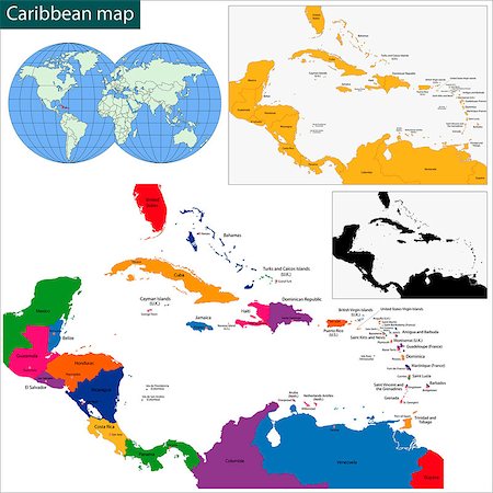 Colorful Caribbean map with countries and capital cities Fotografie stock - Microstock e Abbonamento, Codice: 400-07297770