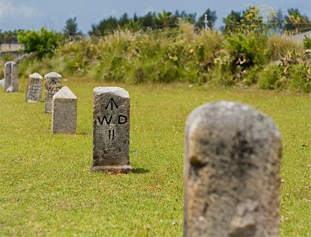 A row of stone, nautical mile markers against green grass Stockbilder - Microstock & Abonnement, Bildnummer: 400-07298199