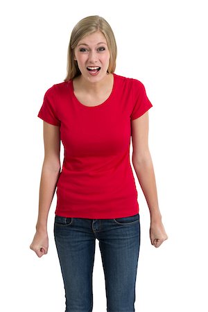 simsearch:400-07748288,k - Young beautiful angry female with blank red shirt. Ready for your design or artwork. Stock Photo - Budget Royalty-Free & Subscription, Code: 400-07298237