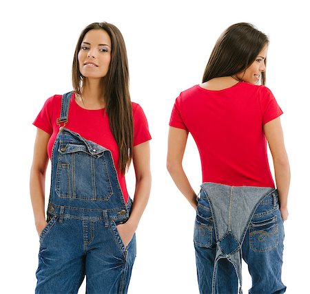 simsearch:400-06457206,k - Young beautiful sexy female with blank red shirt and overalls, front and back. Ready for your design or artwork. Photographie de stock - Aubaine LD & Abonnement, Code: 400-07298231