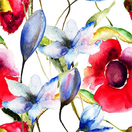 simsearch:400-07291175,k - Seamless wallpaper with original flowers, watercolor illustration Foto de stock - Super Valor sin royalties y Suscripción, Código: 400-07298468