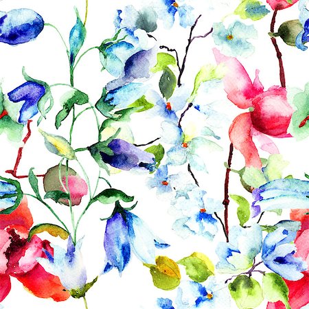 simsearch:400-07444676,k - Seamless wallpaper with Summer flowers, watercolor illustration Photographie de stock - Aubaine LD & Abonnement, Code: 400-07298480