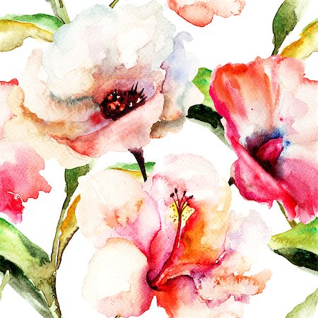 simsearch:400-07291175,k - Seamless wallpaper with Lily flowers, watercolor illustration Foto de stock - Super Valor sin royalties y Suscripción, Código: 400-07298499