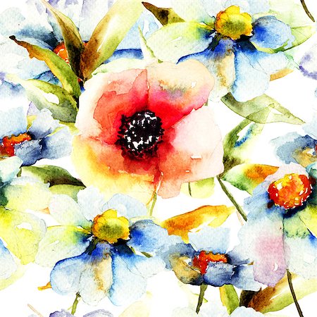 simsearch:400-07245386,k - Seamless pattern with flowers, watercolor flowers Stockbilder - Microstock & Abonnement, Bildnummer: 400-07298515