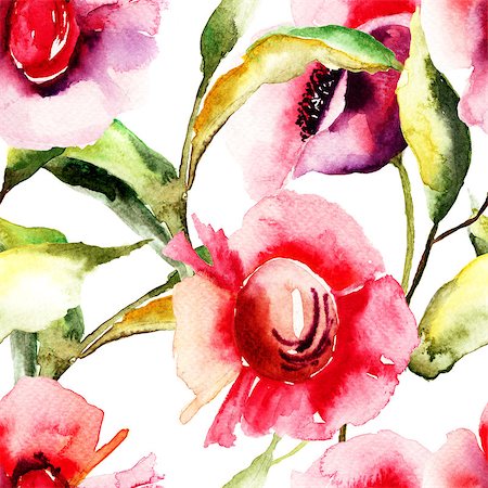 simsearch:400-07444676,k - Seamless wallpaper with summer flowers, Watercolor painting Photographie de stock - Aubaine LD & Abonnement, Code: 400-07298510