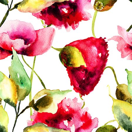 simsearch:400-07444676,k - Watercolor illustration of Poppy flowers, seamless background Photographie de stock - Aubaine LD & Abonnement, Code: 400-07298523