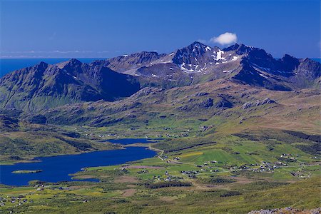 simsearch:400-06946273,k - Picturesque panorama on Lofoten from Justadtinden with green lowlands, snowy peaks of mountains and Atlantic ocean in the background Photographie de stock - Aubaine LD & Abonnement, Code: 400-07298876