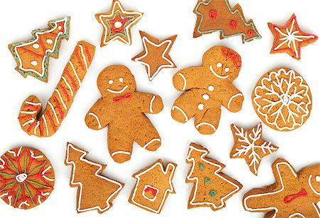 simsearch:400-05736949,k - Homemade various christmas gingerbread cookies on white background Foto de stock - Super Valor sin royalties y Suscripción, Código: 400-07299376