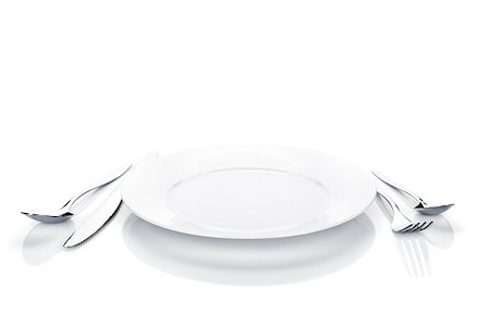 simsearch:649-07279767,k - Silverware or flatware set of fork, spoon, knife and plate. Isolated on white background Fotografie stock - Microstock e Abbonamento, Codice: 400-07299486