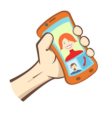 Vector hand holding smart phone, icons showing dialog between man and woman Stock Photo - Budget Royalty-Free & Subscription, Code: 400-07299786