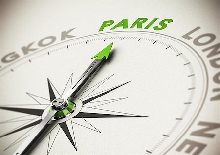 simsearch:400-08184863,k - Compass needle pointing to paris, realistic 3D render with focus on the green word. Concept for choice of vacation, best places to visit. Photographie de stock - Aubaine LD & Abonnement, Code: 400-07299780