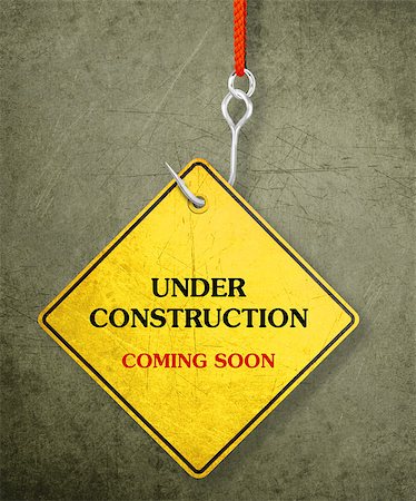 simsearch:400-04833604,k - Alert yellow sign hanging by fishhook, conceptual image for under construction and coming soon Photographie de stock - Aubaine LD & Abonnement, Code: 400-07290334