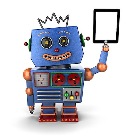 simsearch:400-07511289,k - Happy, blue vintage toy robot with ablet PC over white background Fotografie stock - Microstock e Abbonamento, Codice: 400-07290496