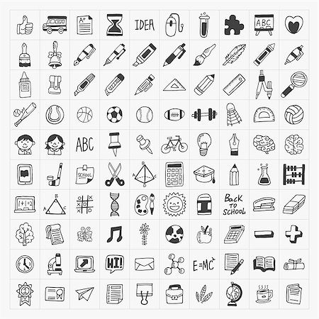 100 Back to School doodle hand-draw icon set Stock Photo - Budget Royalty-Free & Subscription, Code: 400-07290690