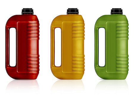 simsearch:400-04855669,k - Red, yellow, green  plastic gallon, jerry can  isolated on a white background.  (with clipping work path) Stock Photo - Budget Royalty-Free & Subscription, Code: 400-07290827