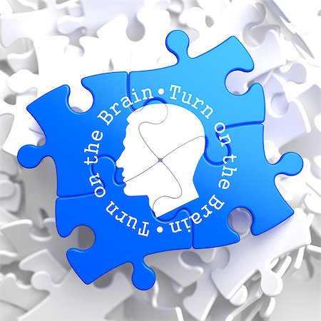 simsearch:400-07472751,k - Turn On the Brain Written Arround Human Head Icon on Blue Puzzle. Stock Photo - Budget Royalty-Free & Subscription, Code: 400-07290998