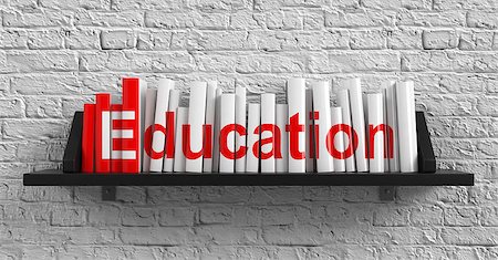 simsearch:400-09098178,k - Education - Red Inscription on the Books on Shelf on the White Brick Wall Background. Education Concept. Stock Photo - Budget Royalty-Free & Subscription, Code: 400-07291000