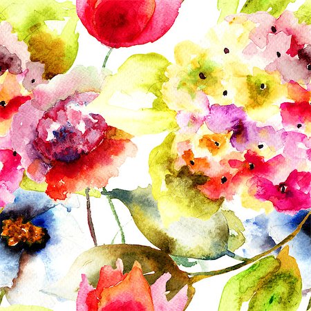 simsearch:400-07245386,k - Seamless wallpaper with summer flowers, Watercolor painting Stockbilder - Microstock & Abonnement, Bildnummer: 400-07291164