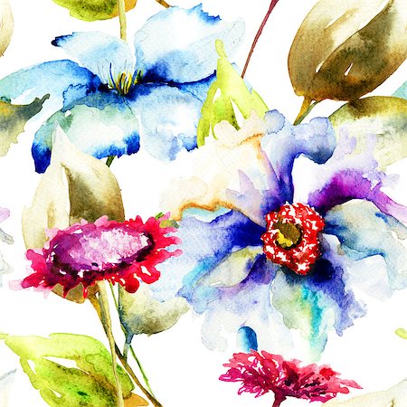 Seamless pattern with decorative flowers, watercolor illustration Stock Photo - Budget Royalty-Free & Subscription, Code: 400-07291165