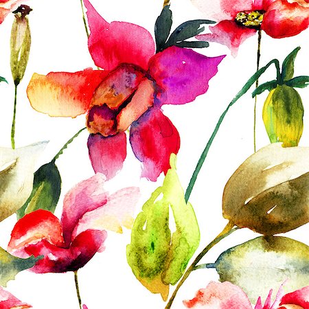 simsearch:400-07245386,k - Colorful summer background with flowers. Seamless pattern. Watercolor illustration Stockbilder - Microstock & Abonnement, Bildnummer: 400-07291167