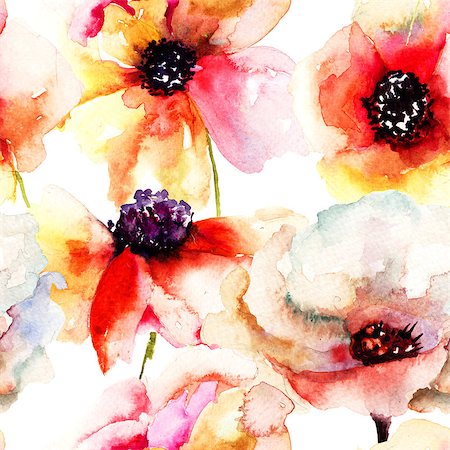 simsearch:400-07245386,k - Seamless wallpaper with Colorful flowers, watercolor illustration Stockbilder - Microstock & Abonnement, Bildnummer: 400-07291176