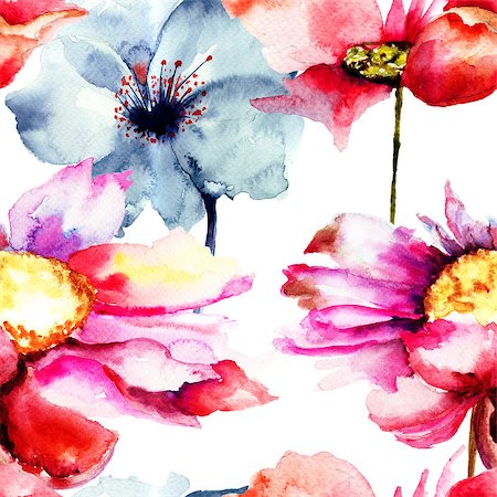 simsearch:400-07245386,k - Seamless wallpaper with stylized flower, watercolor illustration Stockbilder - Microstock & Abonnement, Bildnummer: 400-07291179