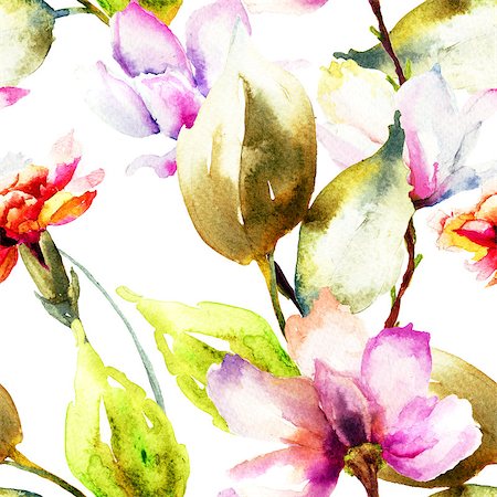 simsearch:400-07291175,k - Seamless wallpaper with Summer flowers, watercolor illustration Foto de stock - Super Valor sin royalties y Suscripción, Código: 400-07291172