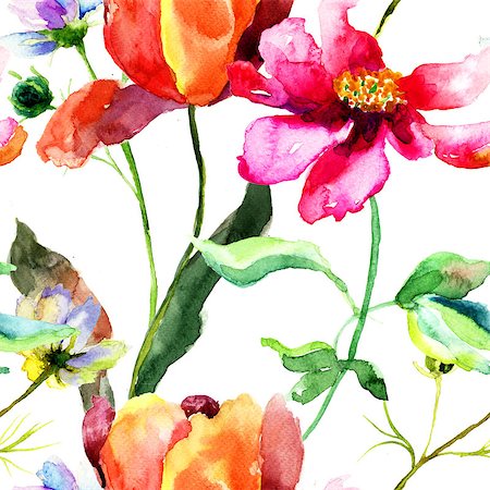 simsearch:400-06202782,k - Watercolor illustration of Tulip flower, seamless pattern Stock Photo - Budget Royalty-Free & Subscription, Code: 400-07291186