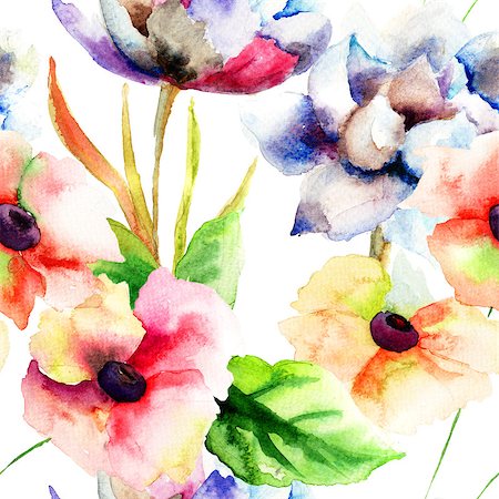 simsearch:400-07498585,k - Seamless wallpaper with summer flowers, Watercolor painting Photographie de stock - Aubaine LD & Abonnement, Code: 400-07291187