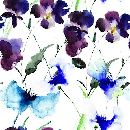 floral pattern invitation - Watercolor illustration of Violet flowers; seamless pattern Stock Photo - Budget Royalty-Free & Subscription, Code: 400-07291189