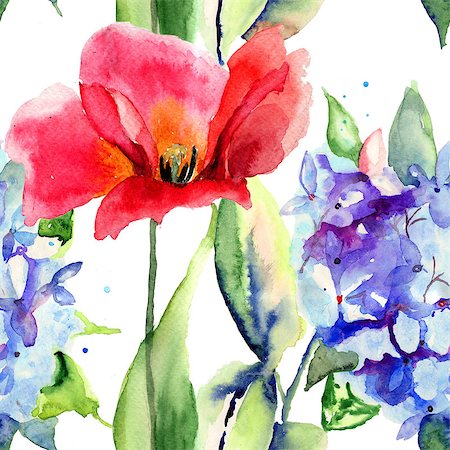 Seamless wallpaper with Tulip and Hydrangea flowers, watercolor illustration Stock Photo - Budget Royalty-Free & Subscription, Code: 400-07291196