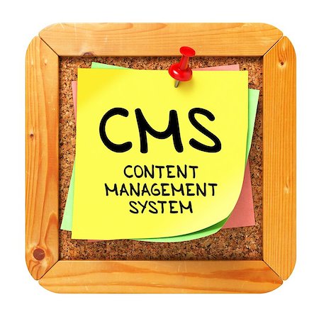 CMS - Content Management System - Written on Yellow Sticker on Cork Bulletin or Message Board. Foto de stock - Super Valor sin royalties y Suscripción, Código: 400-07291476