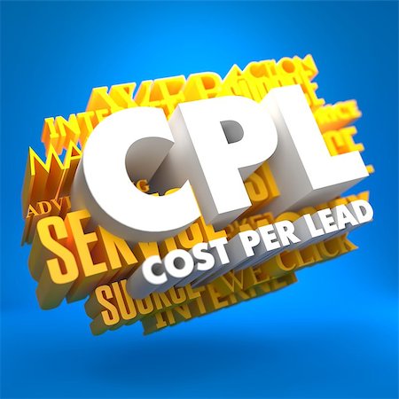 simsearch:400-07309669,k - CPL - Cost per Lead. The Words in White Color on Cloud of Yellow Words on Blue Background. Stock Photo - Budget Royalty-Free & Subscription, Code: 400-07291471