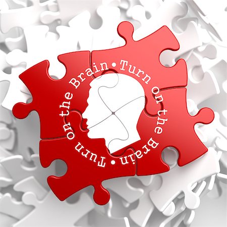 simsearch:400-07472751,k - Turn On the Brain Written Arround Human Head Icon on Red Puzzle. Stock Photo - Budget Royalty-Free & Subscription, Code: 400-07291489
