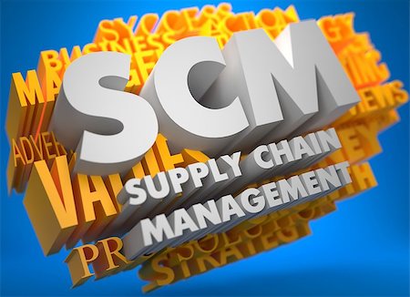 simsearch:400-08772702,k - SCM - Supply Chain Management. The Words in White Color on Cloud of Yellow Words on Blue Background. Stock Photo - Budget Royalty-Free & Subscription, Code: 400-07291514
