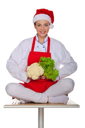 full body white background apron - Smiling cook with cabbage and lettuce isolated on white Stock Photo - Budget Royalty-Free & Subscription, Code: 400-07292119