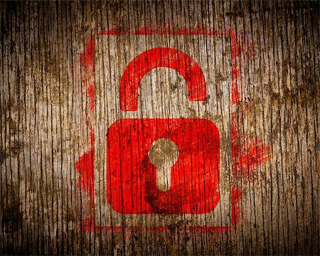 simsearch:400-06066597,k - Red  Icon of Opened Padlock Painted by Stencil on Wood. Grunge Background. Photographie de stock - Aubaine LD & Abonnement, Code: 400-07292380