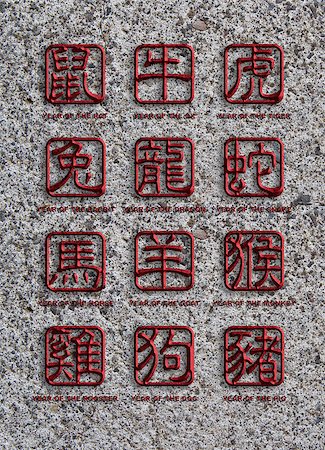 simsearch:400-08375195,k - 12 Chinese Zodiac Animals Text Character in Granite Stone Stamp Chop Sign on Stone Texture Background Illustration Stockbilder - Microstock & Abonnement, Bildnummer: 400-07293658