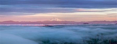 portland, sunset - Portland Oregon Downtown Covered in Fog at Sunset with Mount Hood Panorama Stock Photo - Budget Royalty-Free & Subscription, Code: 400-07304317