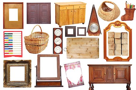 simsearch:400-06554714,k - collage with antique wooden  objects isolated over white background Stock Photo - Budget Royalty-Free & Subscription, Code: 400-07304684