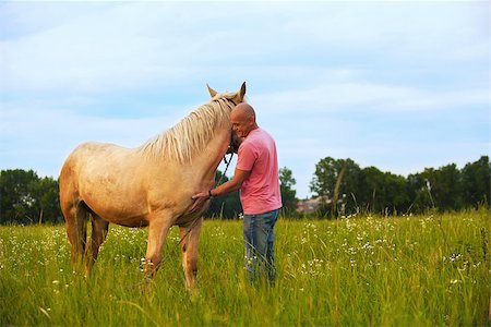 Photo bald man walks with a horse in the field Stock Photo - Budget Royalty-Free & Subscription, Code: 400-07304703
